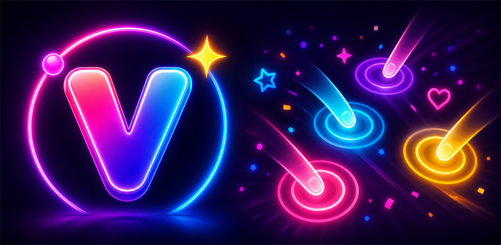 VendyPick — the neon V logo in a glowing ring beside comet-like fingers landing on colored player spots.