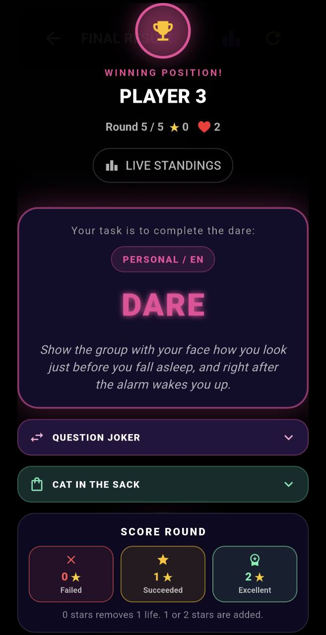 VendyPick round result showing a Dare prompt, the Question Joker, Cat in the Sack, and the Score Round panel.