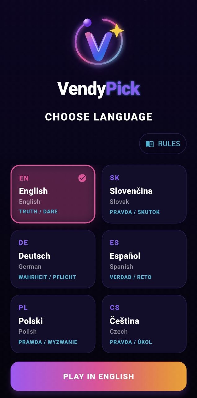 VendyPick language selection screen, showing English, Slovak, German, Spanish, Polish and Czech options with their Truth/Dare labels.