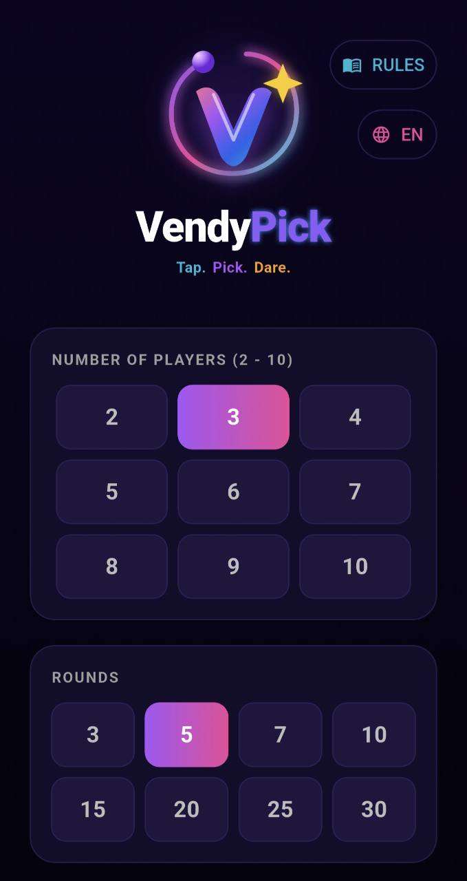VendyPick setup screen showing player choices from 2 to 10 and round choices from 3 to 30.